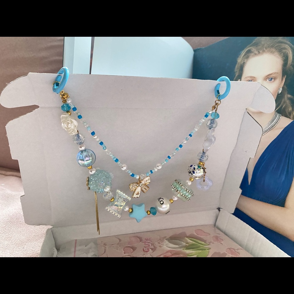 Blue Bag charm with CC Beads & double chain